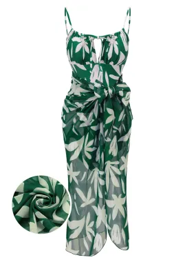 1960s Green Leaf Sleeveless Camisole Strap Swimsuit