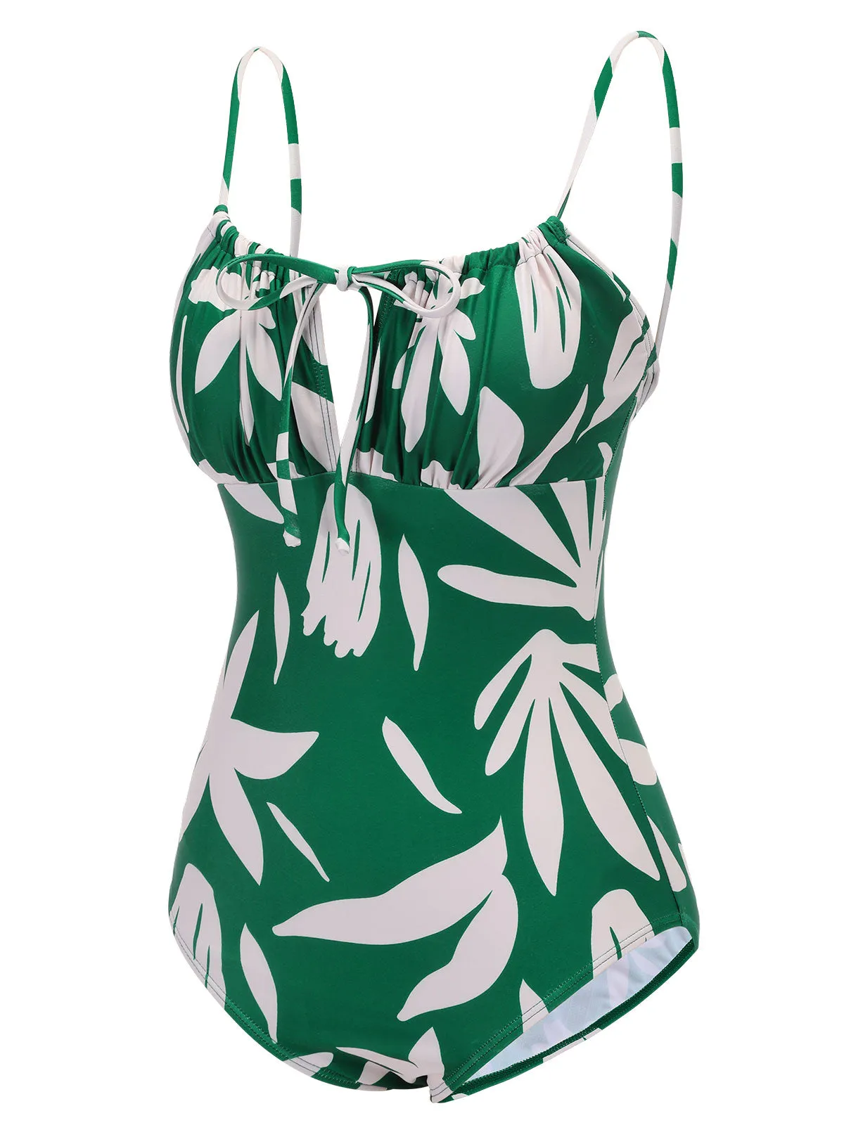 1960s Green Leaf Sleeveless Camisole Strap Swimsuit