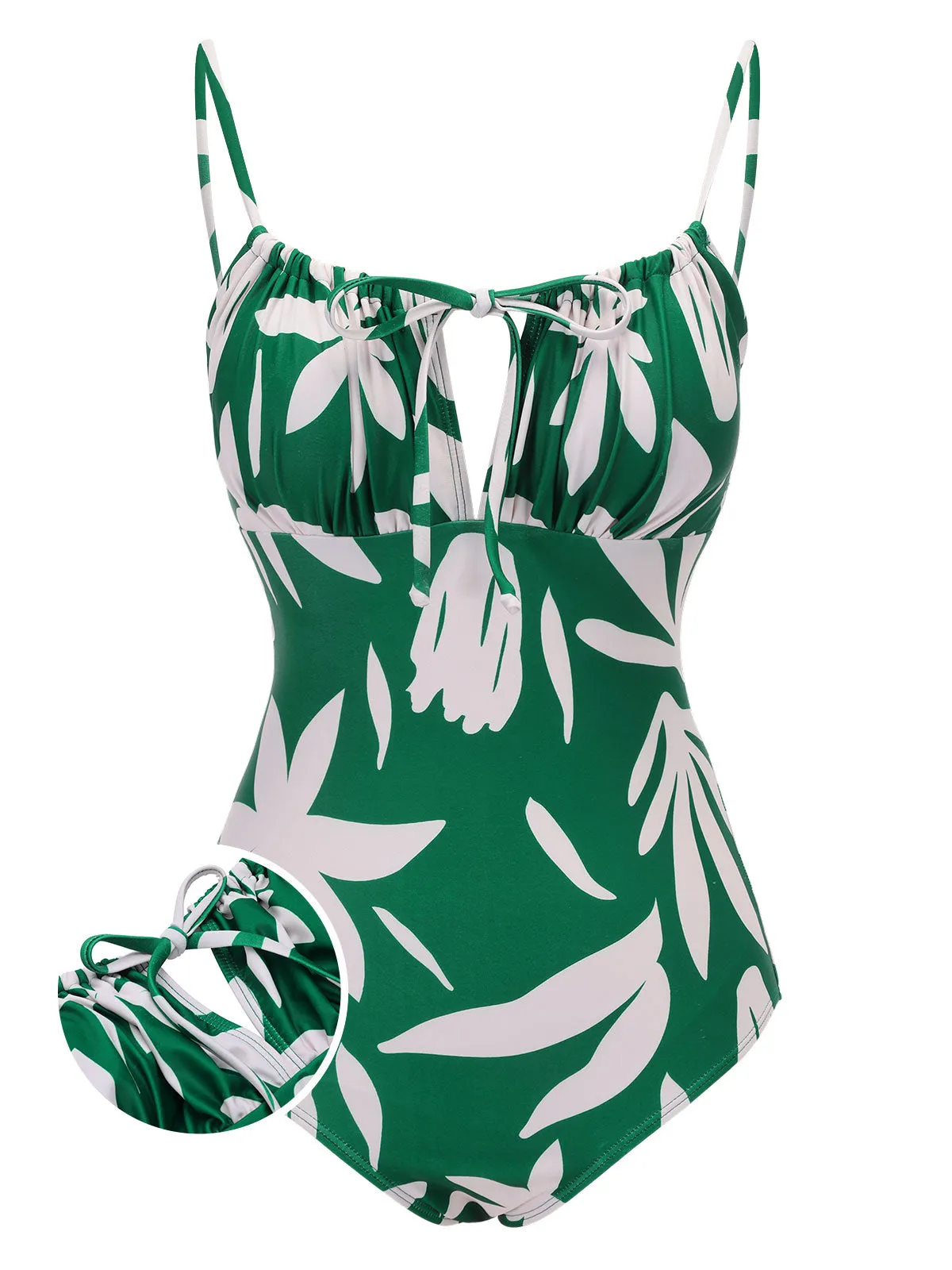 1960s Green Leaf Sleeveless Camisole Strap Swimsuit