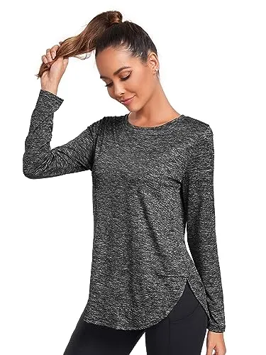 Absttith Golf Shirts Women Long Sleeve Workout Running Tops Cool Wicking Crew Neck Training Tee Black Small