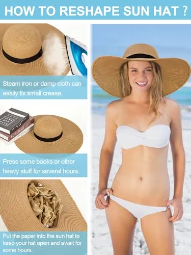 Beach Hats for Women, Wide Brim Sun Straw Hat Foldable Summer Floppy Hat UV Protection Cap Khaki