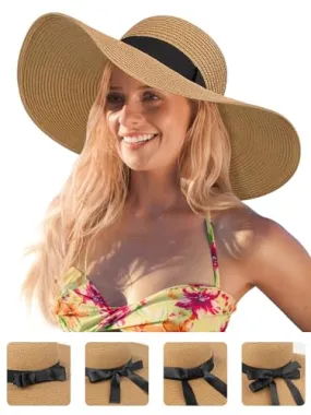 Beach Hats for Women, Wide Brim Sun Straw Hat Foldable Summer Floppy Hat UV Protection Cap Khaki