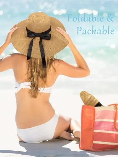 Beach Hats for Women, Wide Brim Sun Straw Hat Foldable Summer Floppy Hat UV Protection Cap Khaki