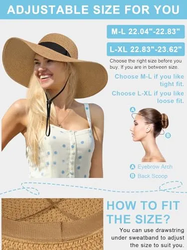 Beach Hats for Women, Wide Brim Sun Straw Hat Foldable Summer Floppy Hat UV Protection Cap Khaki