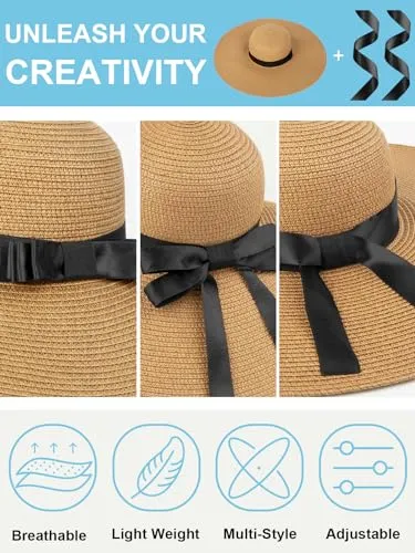 Beach Hats for Women, Wide Brim Sun Straw Hat Foldable Summer Floppy Hat UV Protection Cap Khaki