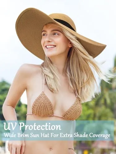 Beach Hats for Women, Wide Brim Sun Straw Hat Foldable Summer Floppy Hat UV Protection Cap Khaki