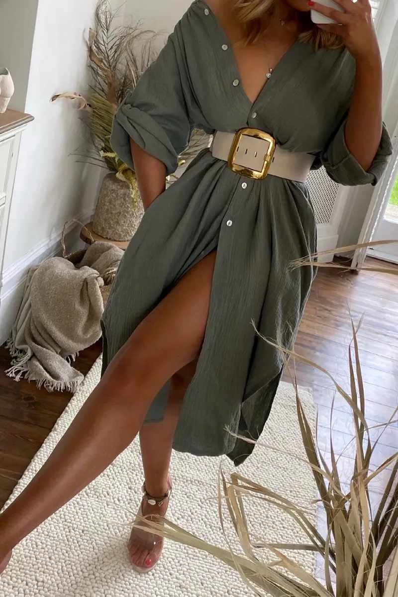 Belted Long Sleeve Maxi Shirtdress