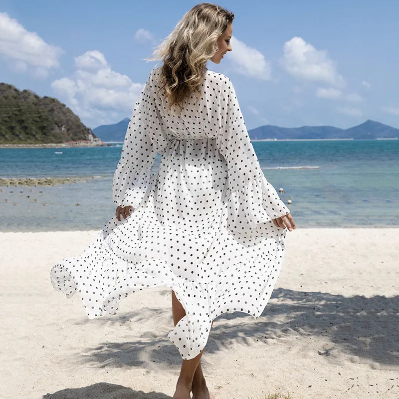 Black Dot Chiffon Loose Long Cardigan Beach Sunscreen Coat Bikini Blouse