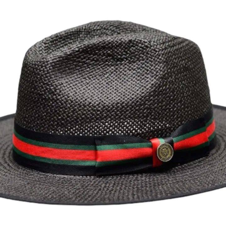 Black Men's Straw Fedora Hat Flat Wide Brim Red and Green Band Ventino Collection