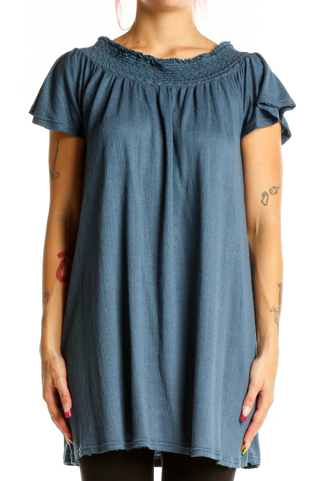 Blue Flowy Off-Shoulder Mini Dress