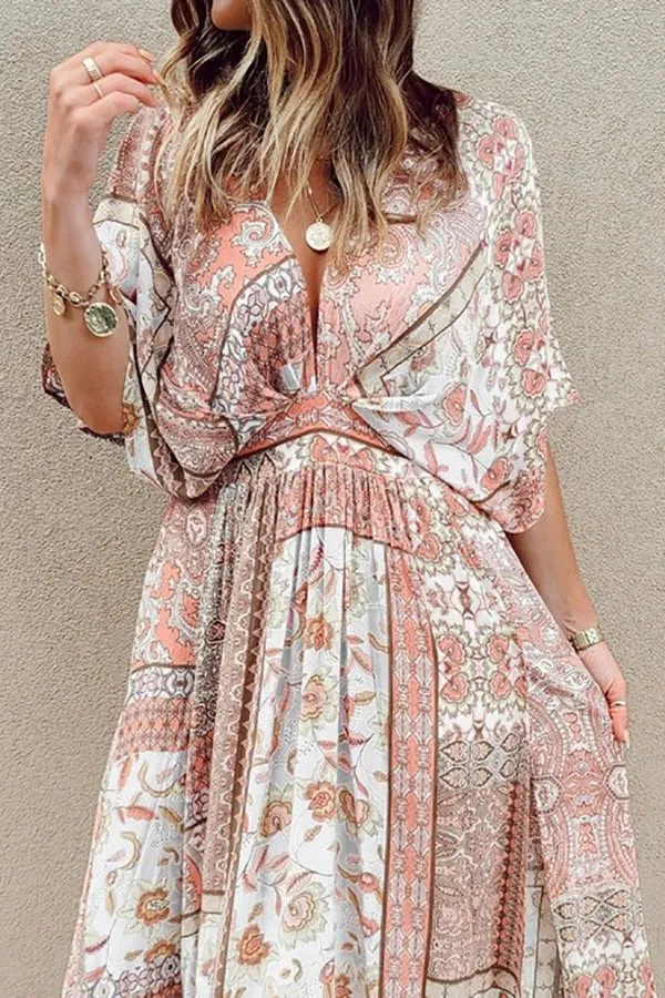 Boho Print Bat Slit Maxi Dress