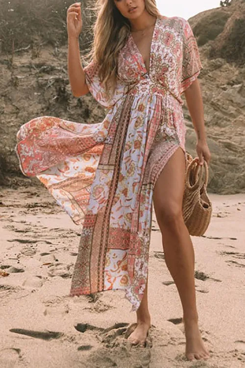 Boho Print Bat Slit Maxi Dress