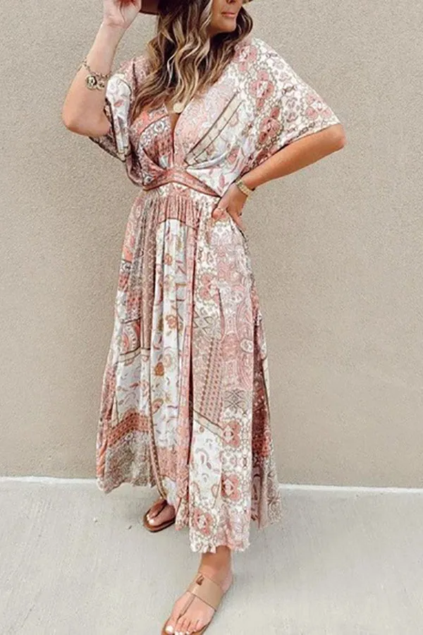 Boho Print Bat Slit Maxi Dress