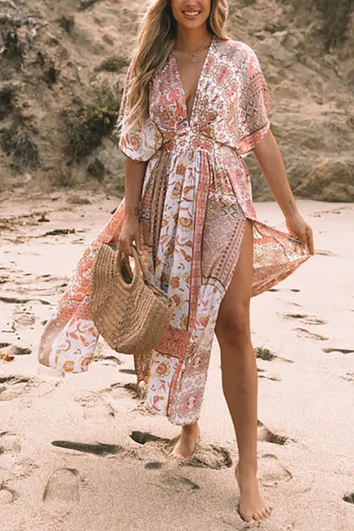 Boho Print Bat Slit Maxi Dress