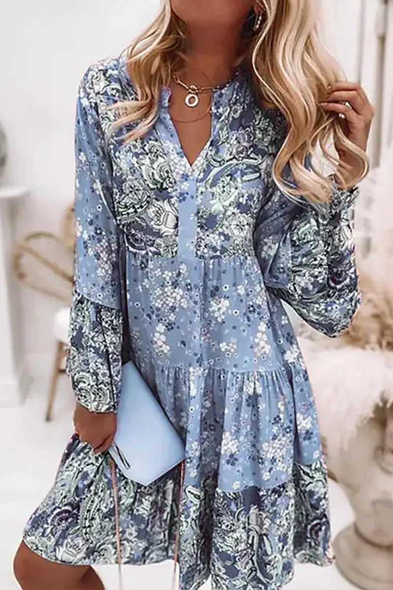 Boho Print V Neck Long Sleeve Dress