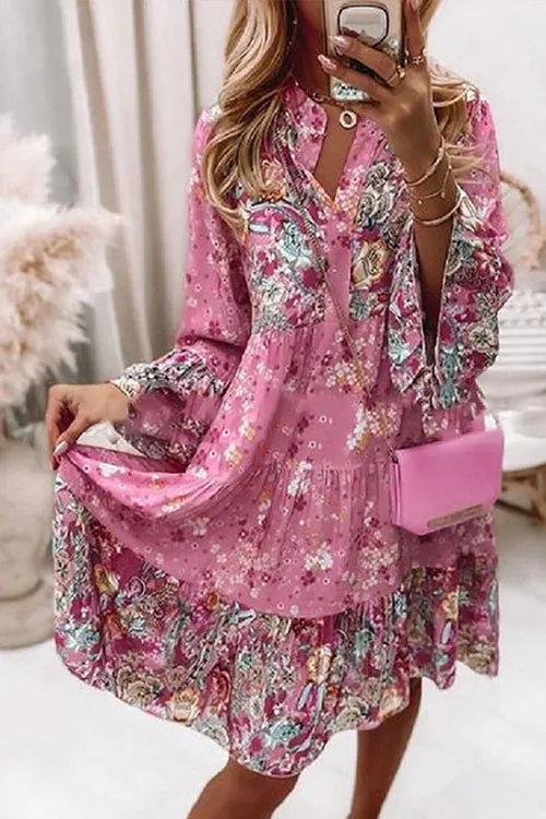 Boho Print V Neck Long Sleeve Dress