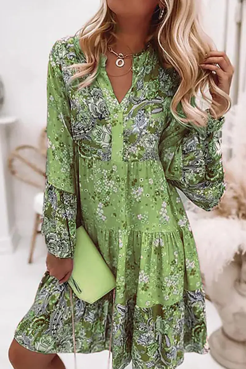 Boho Print V Neck Long Sleeve Dress