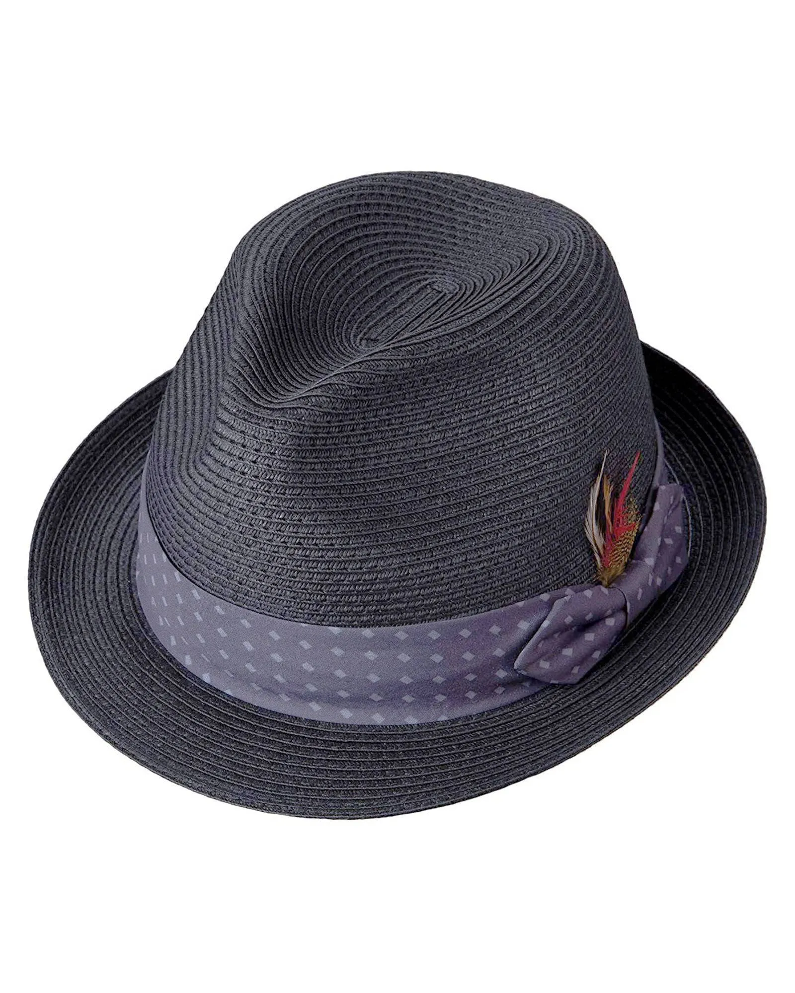 Broner Mens Connoisseur Pinch Front Straw Fedora with Contrast Color Dotted Band In Blue Grey