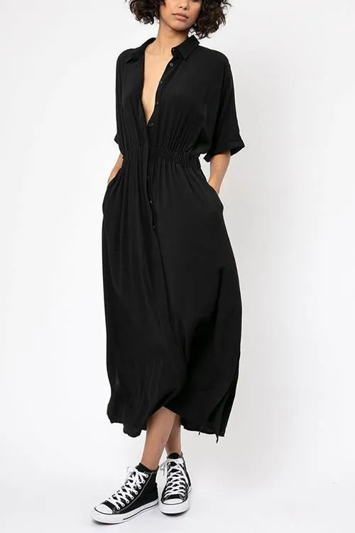 Button Pockets Elastic Waist Cover Dress