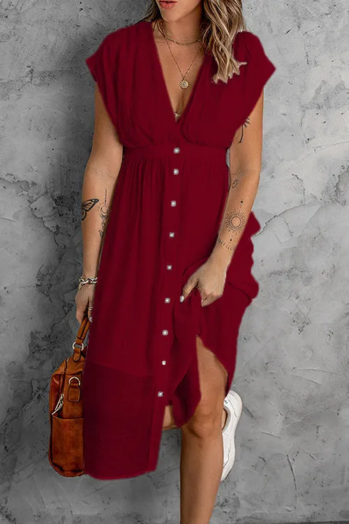 Button V Neck Midi Dress