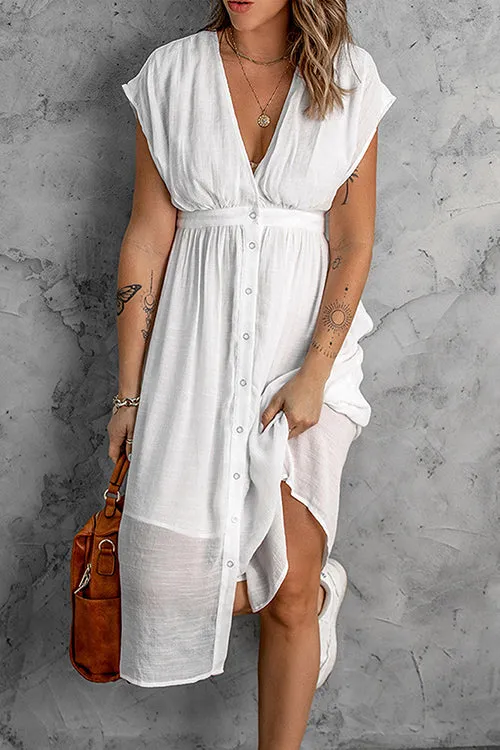 Button V Neck Midi Dress