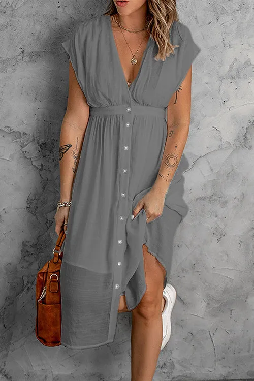 Button V Neck Midi Dress