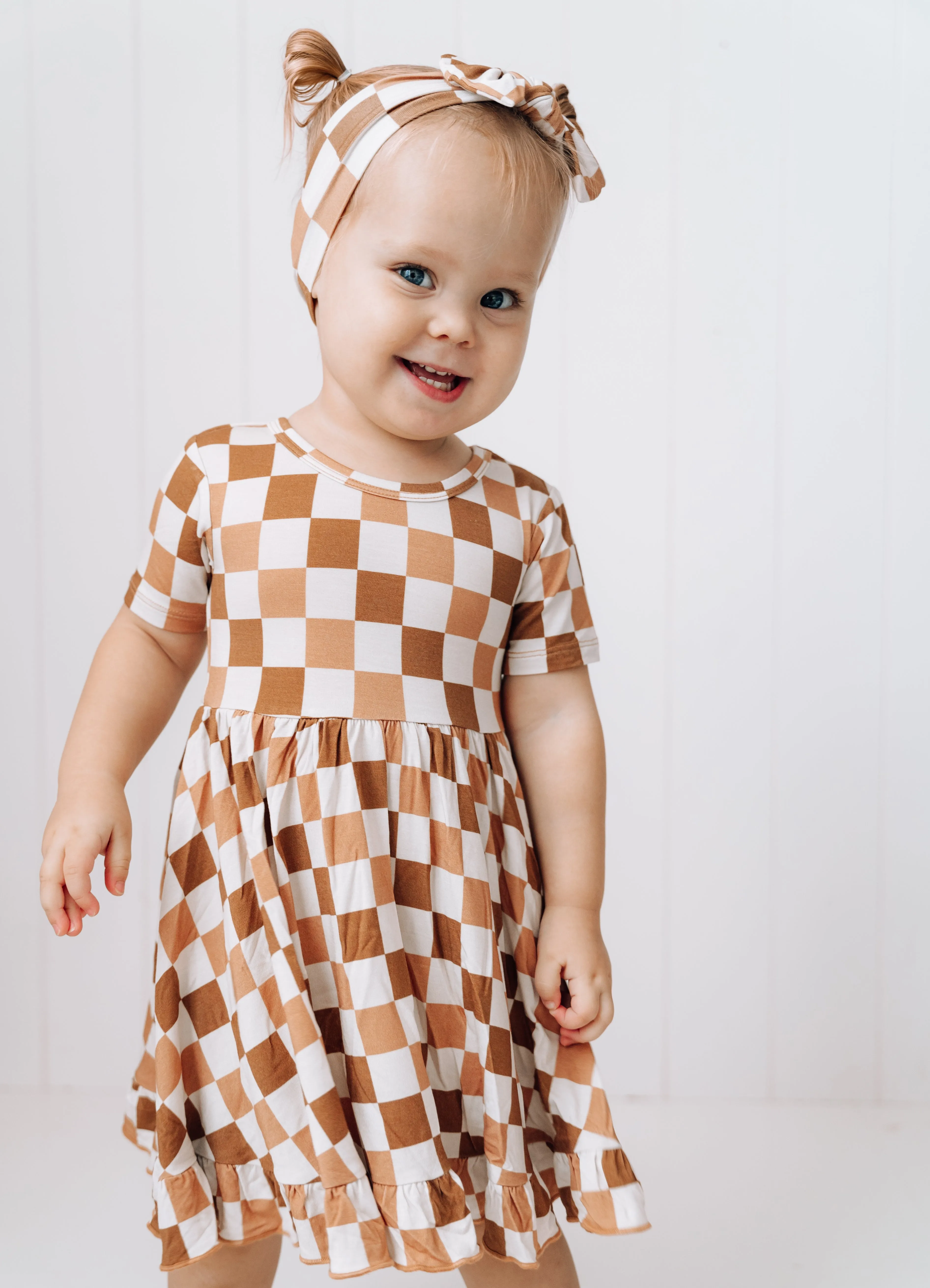 CHESTNUT CHECKERS DREAM RUFFLE DRESS