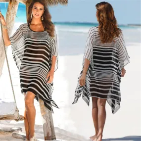 Chiffon black and white stripe loose beach skirt bikini blouse holiday skirt seaside sunscreen Shirt