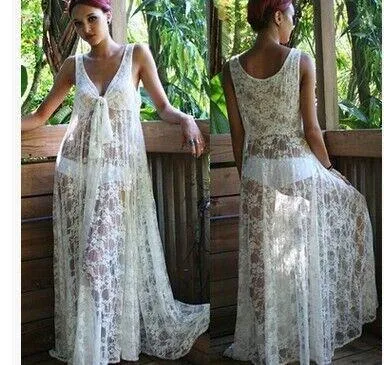 Clearance Transparent V-neck Lace Long Dress Bikini Cover UP