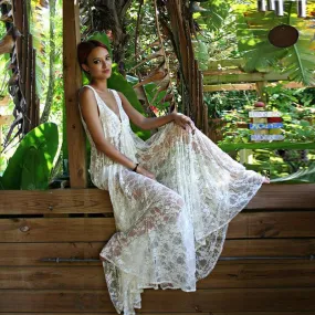 Clearance Transparent V-neck Lace Long Dress Bikini Cover UP