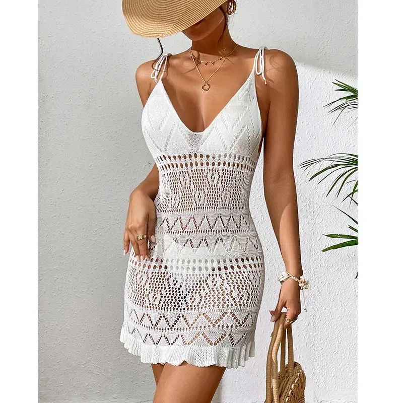 Crochet See-Through Beachwear Beach Cover Up Dress Vacation Outfits