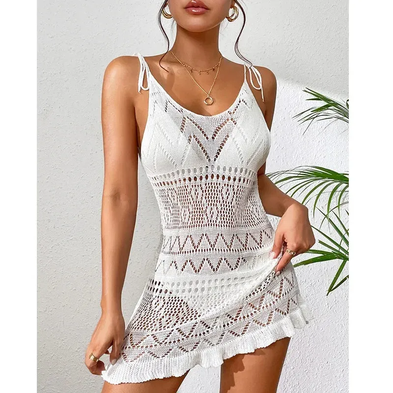 Crochet See-Through Beachwear Beach Cover Up Dress Vacation Outfits