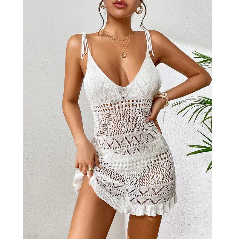 Crochet See-Through Beachwear Beach Cover Up Dress Vacation Outfits