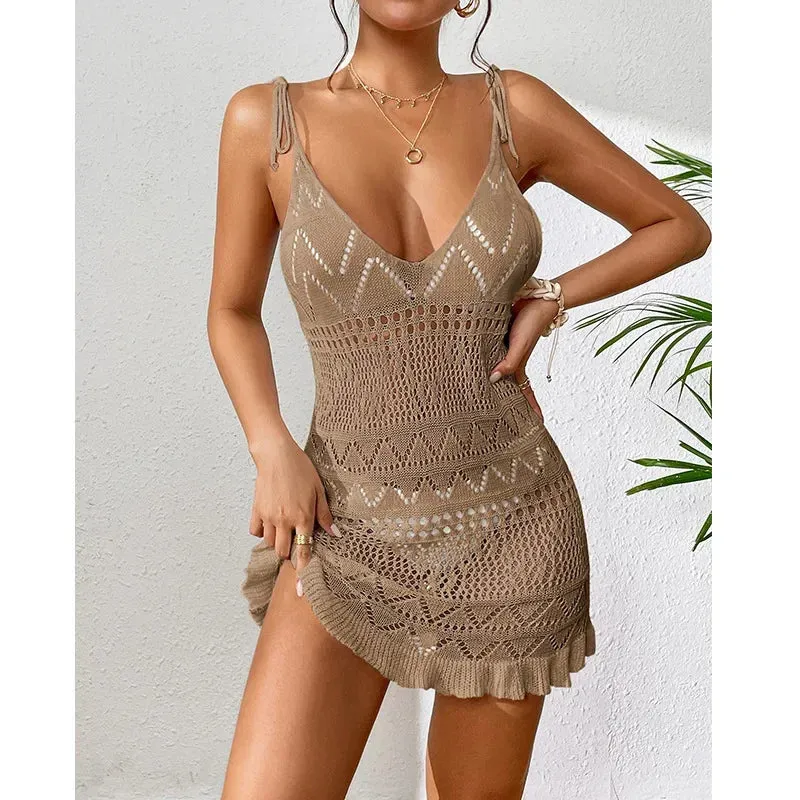 Crochet See-Through Beachwear Beach Cover Up Dress Vacation Outfits