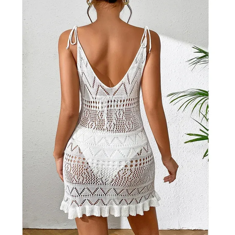 Crochet See-Through Beachwear Beach Cover Up Dress Vacation Outfits