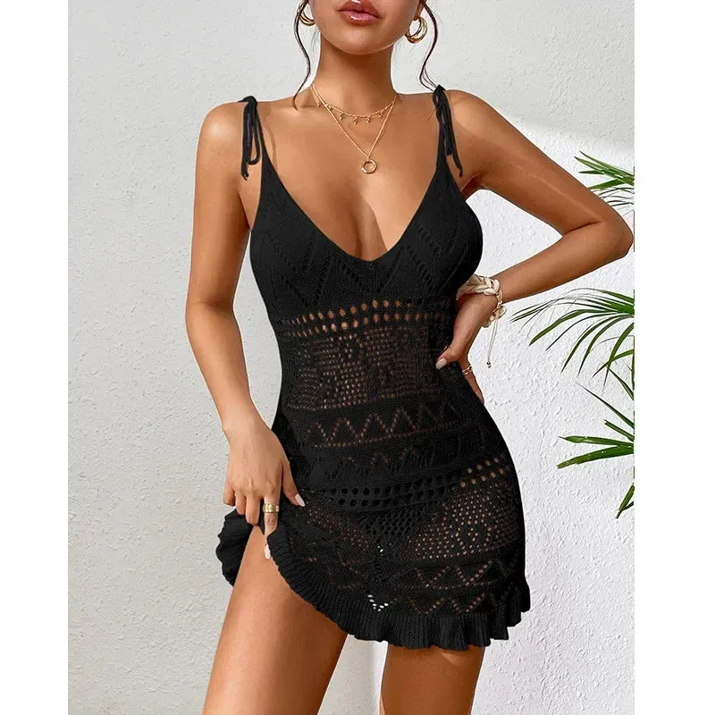 Crochet See-Through Beachwear Beach Cover Up Dress Vacation Outfits