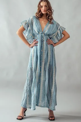 Deep V Neck Lace Embroidery Maxi Dress Lt Blue