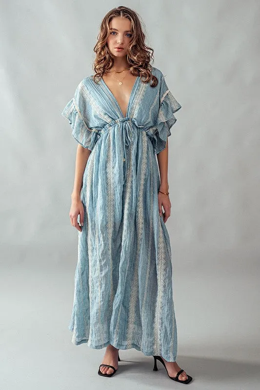 Deep V Neck Lace Embroidery Maxi Dress Lt Blue