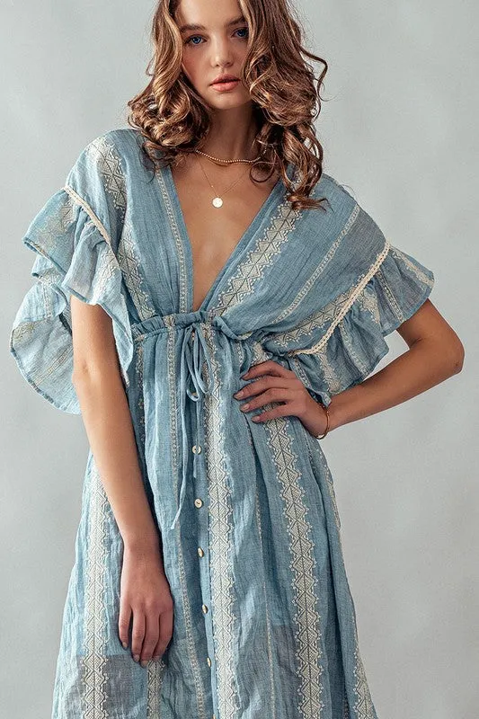 Deep V Neck Lace Embroidery Maxi Dress Lt Blue