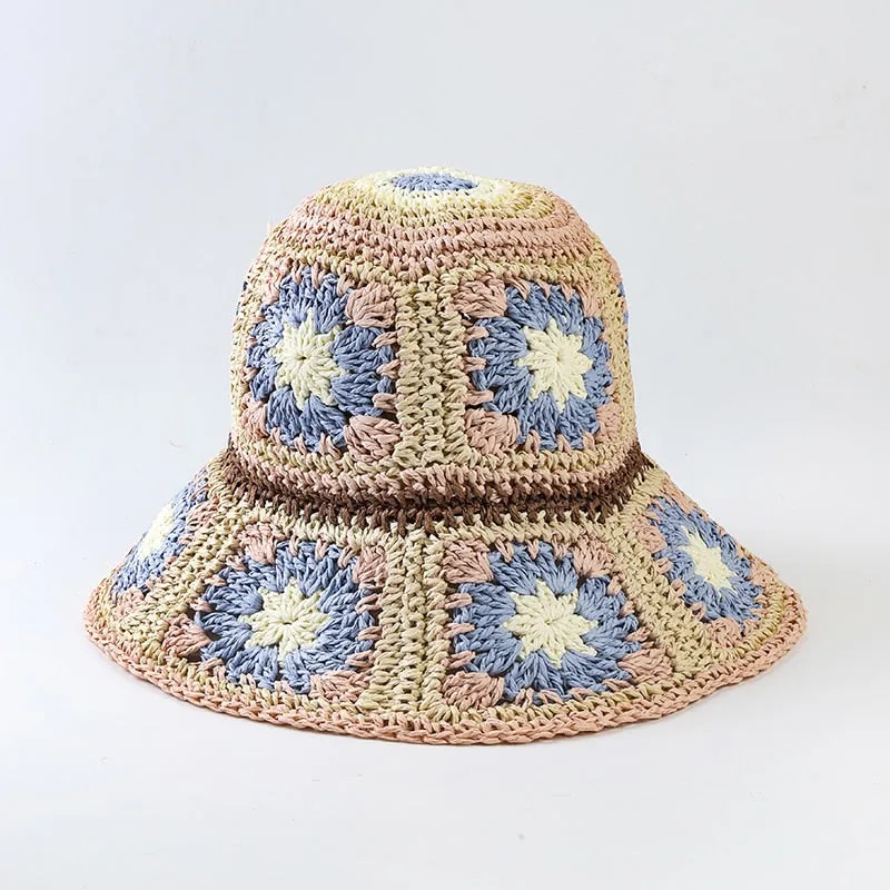 Floral Crochet Straw Bucket Hats - 11 Colors