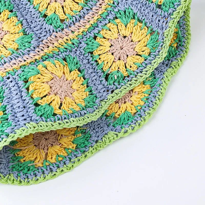 Floral Crochet Straw Bucket Hats - 11 Colors