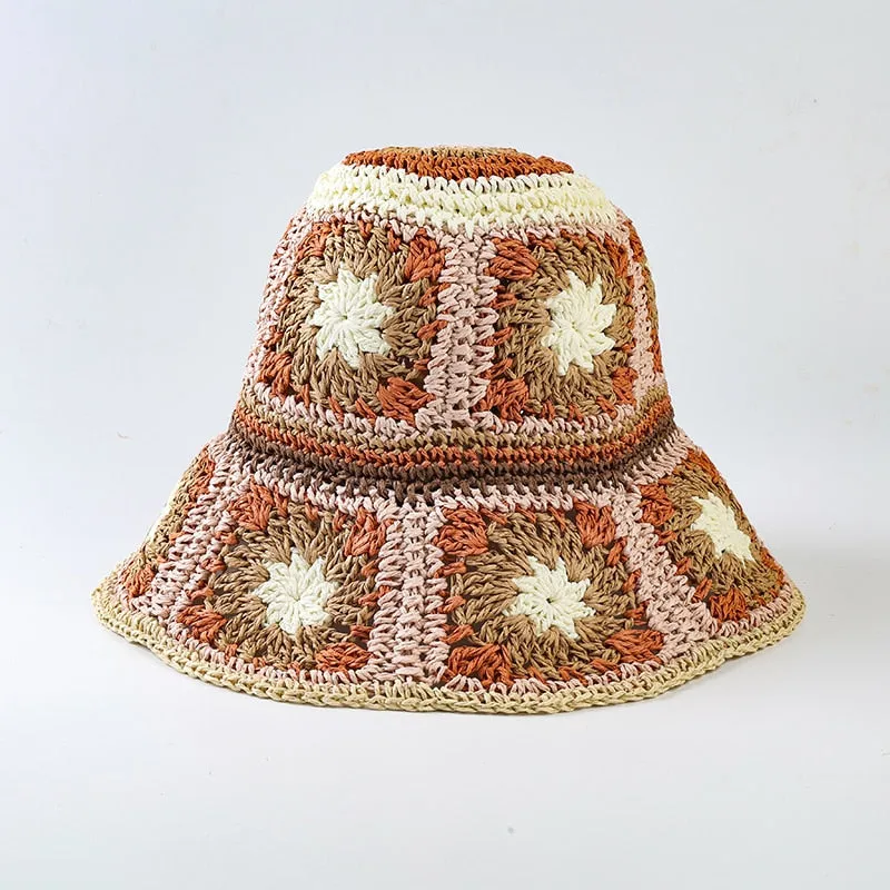 Floral Crochet Straw Bucket Hats - 11 Colors