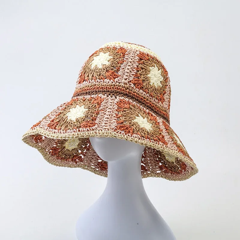 Floral Crochet Straw Bucket Hats - 11 Colors