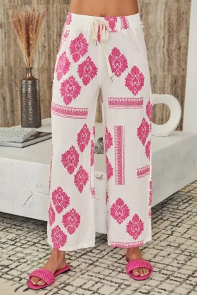 Fuchsia Linen Damask Drawstring Waist Pants