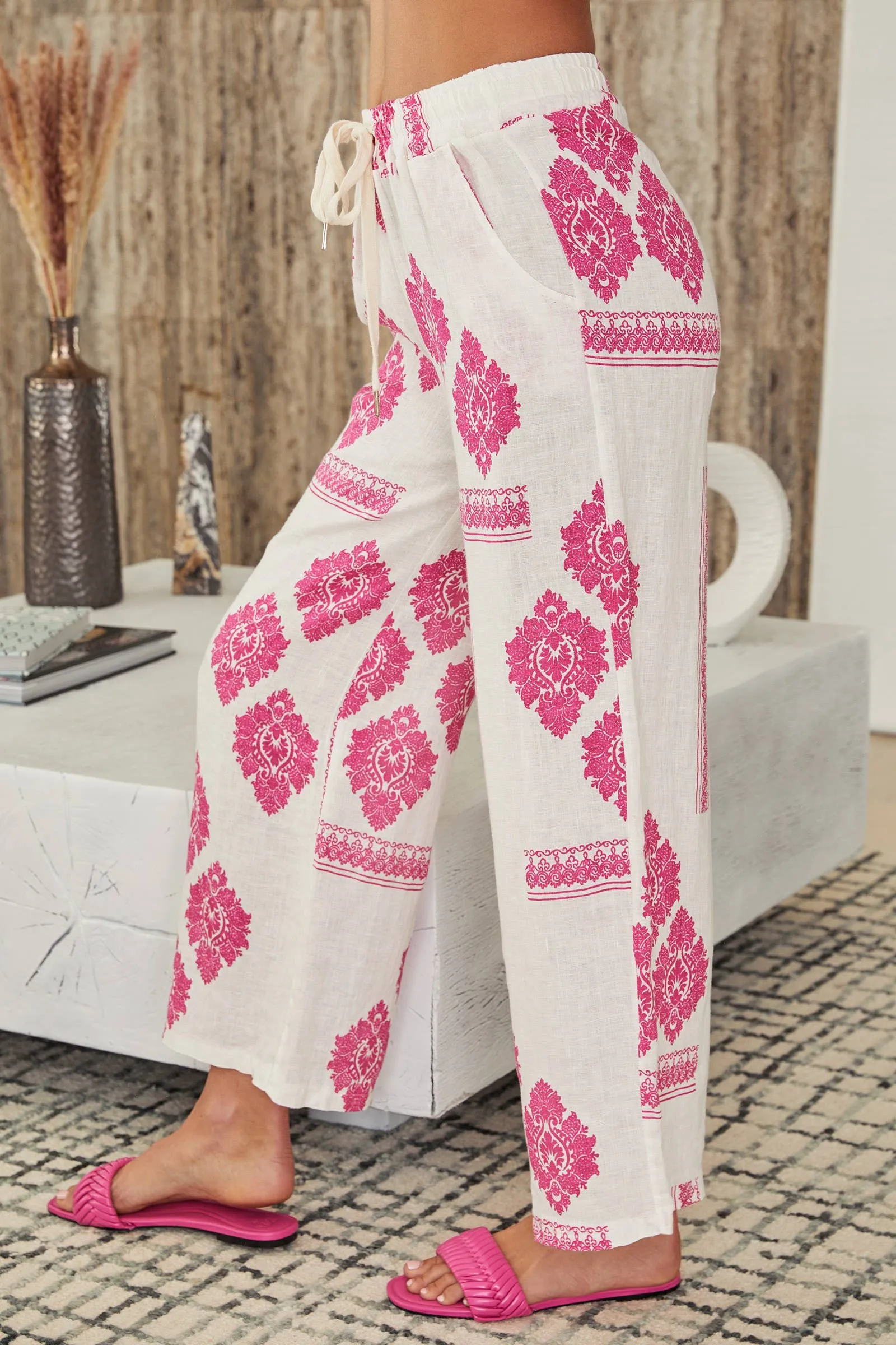 Fuchsia Linen Damask Drawstring Waist Pants