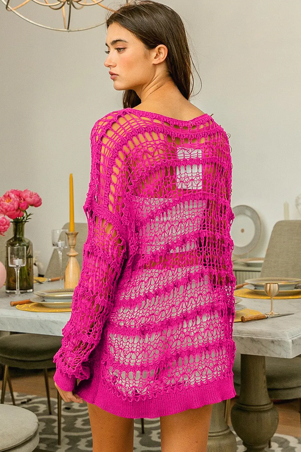 Fuchsia Long Sleeve Knit Cover Up