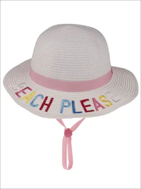 Girls Embroidered Saying Straw Hat With Strap