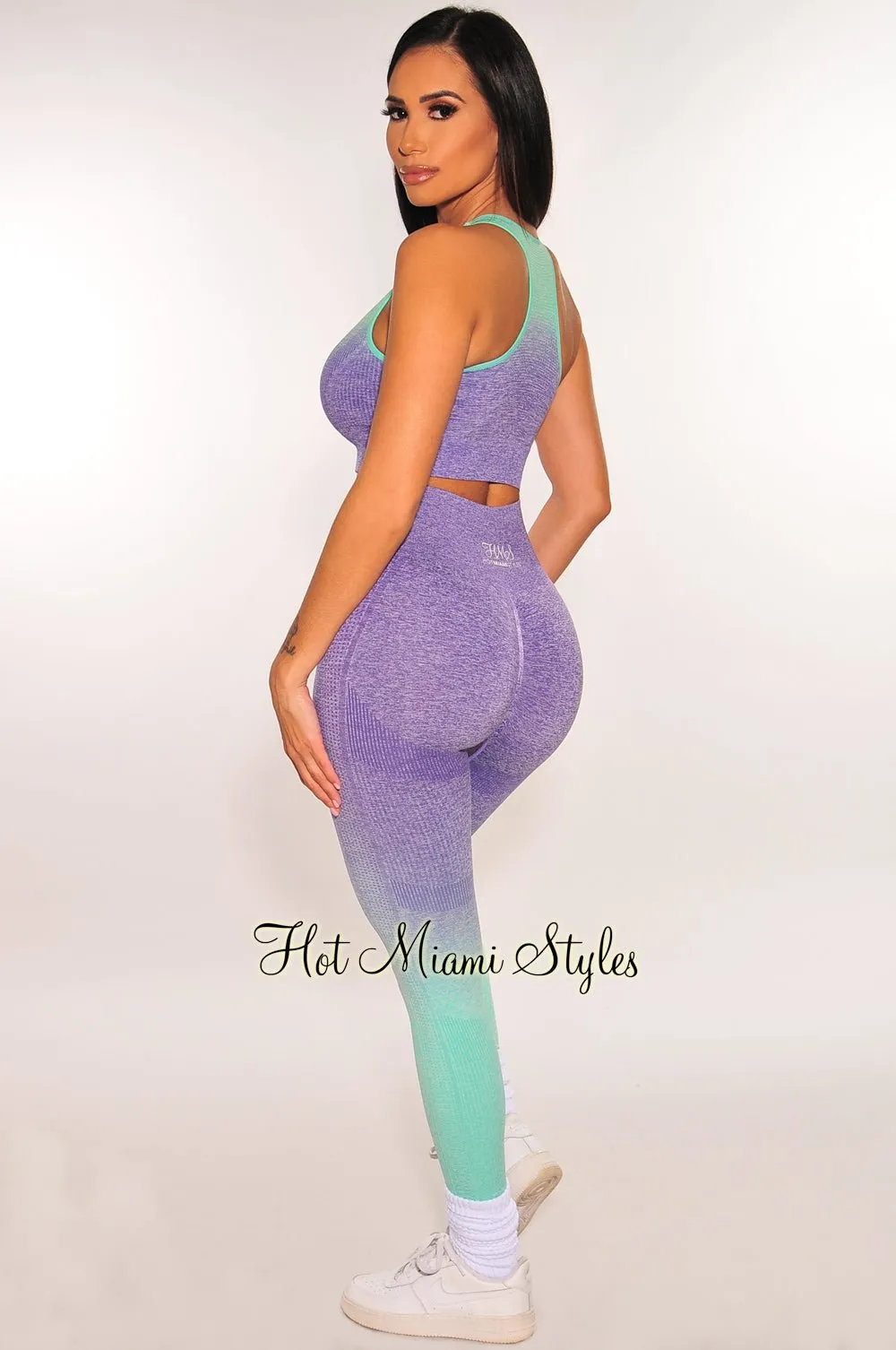 HMS Fit: Purple Teal Gradient Padded Racerback Butt Lifting Leggings Two Piece Set