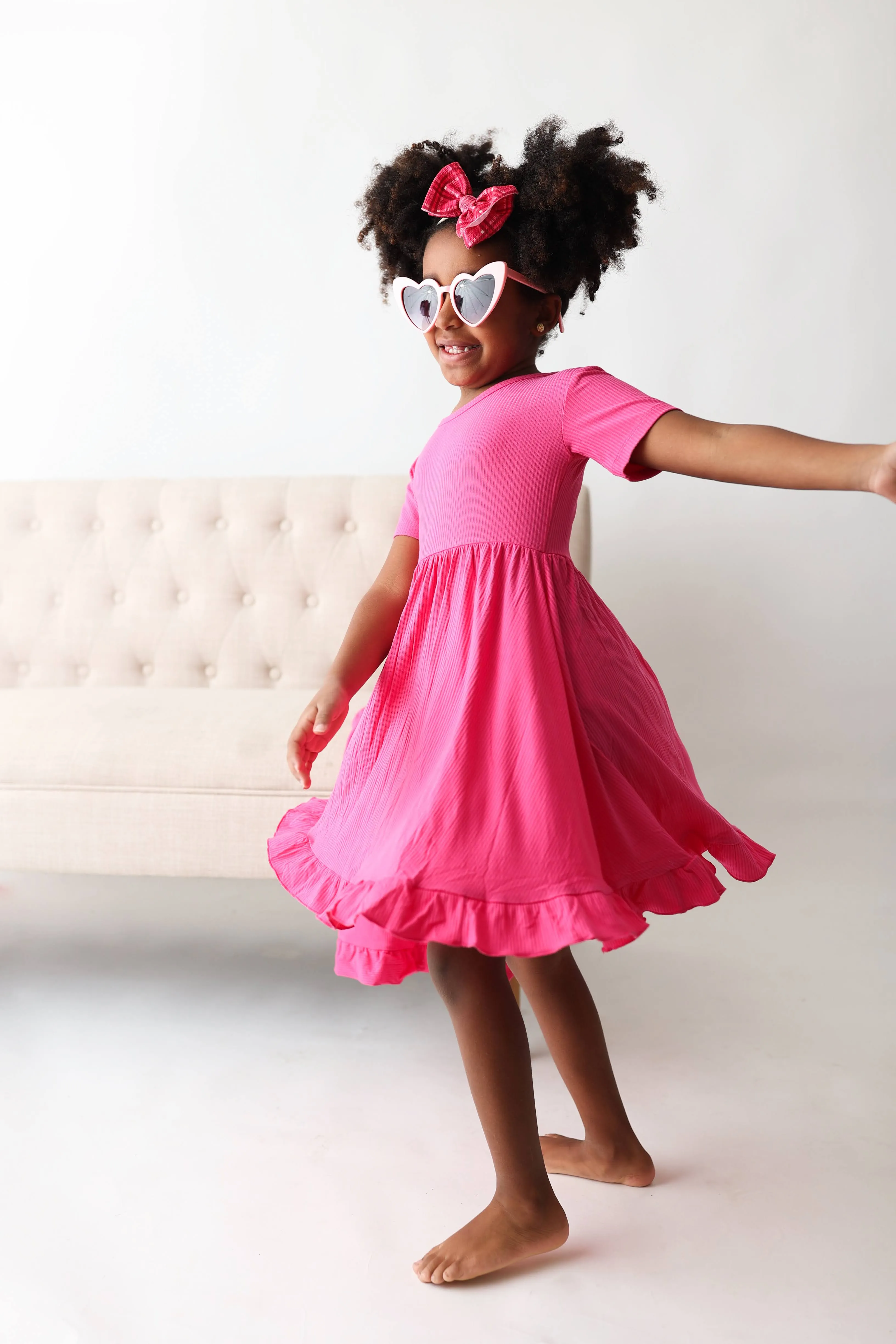 HOT PINK RIB DREAM RUFFLE DRESS