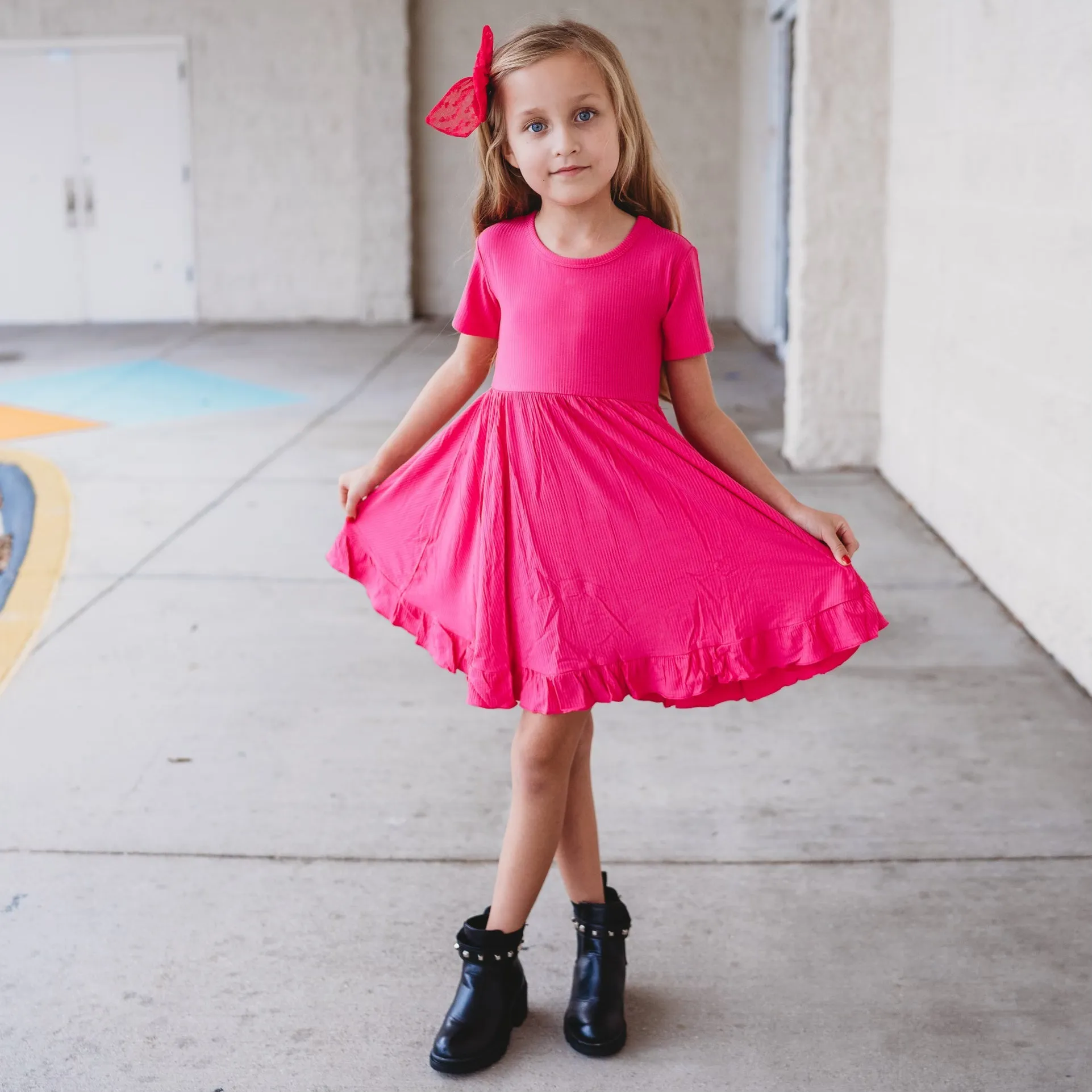 HOT PINK RIB DREAM RUFFLE DRESS